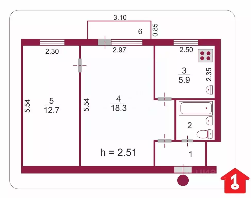 2-к кв. Омская область, Омск просп. Карла Маркса, 87а (43.2 м) - Фото 1