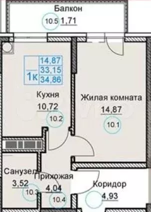 1-к. квартира, 33,2 м, 4/8 эт. - Фото 1