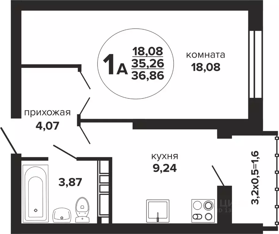 1-к кв. Краснодарский край, Краснодар Российская ул., 257/7 (36.86 м) - Фото 0