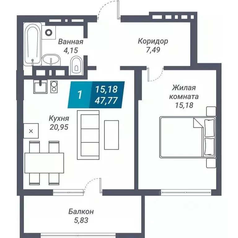 1-к кв. Новосибирская область, Новосибирск ул. Королева, 19 (47.77 м) - Фото 0