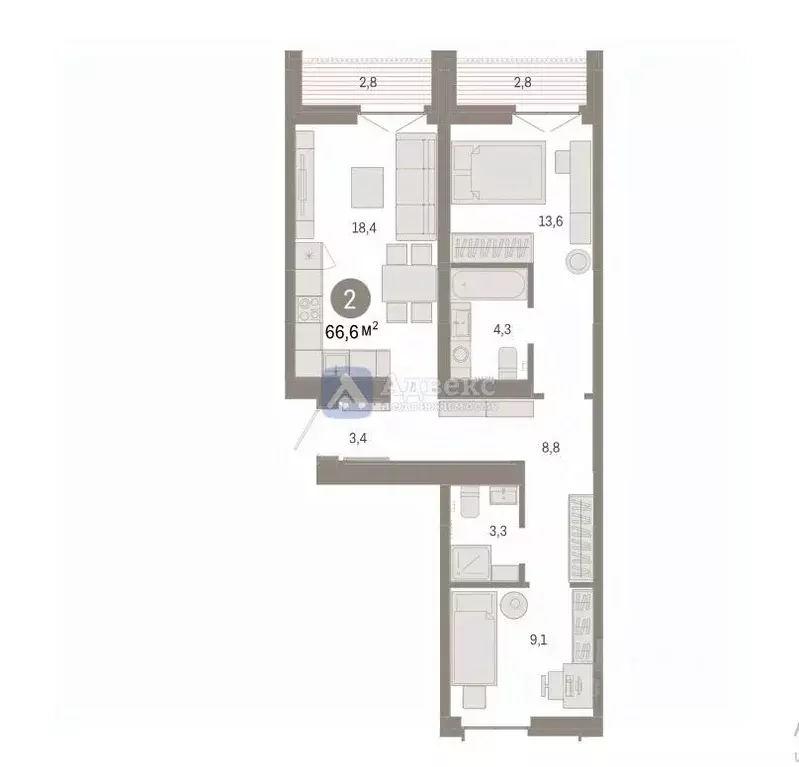 2-к кв. Тюменская область, Тюмень ул. Республики, 205к2 (66.57 м) - Фото 1