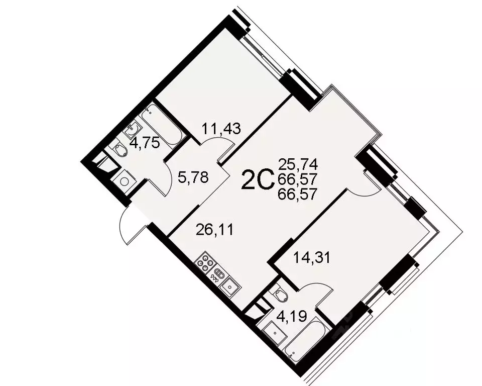 2-к кв. Тульская область, Тула Пушкинская ул., 2Г (66.57 м) - Фото 0