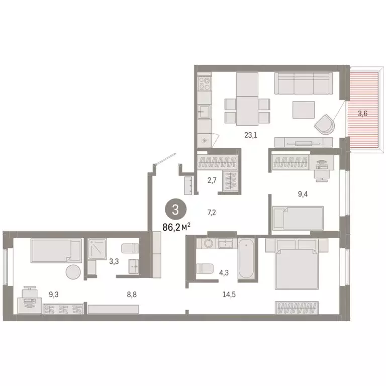 3-комнатная квартира: Омск, Кировский округ (86.19 м) - Фото 1