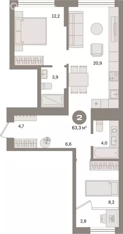 2-комнатная квартира: Екатеринбург, улица Пехотинцев, 2В (63.3 м) - Фото 1