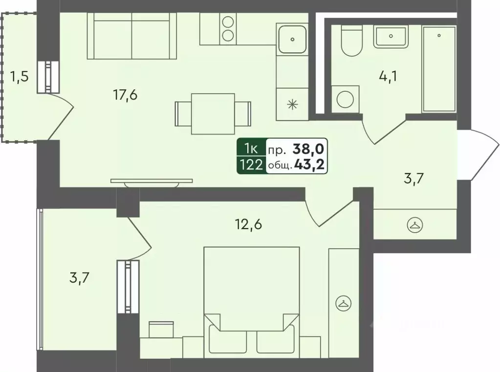 1-к кв. Омская область, Омск Красноярский тракт (43.2 м) - Фото 0