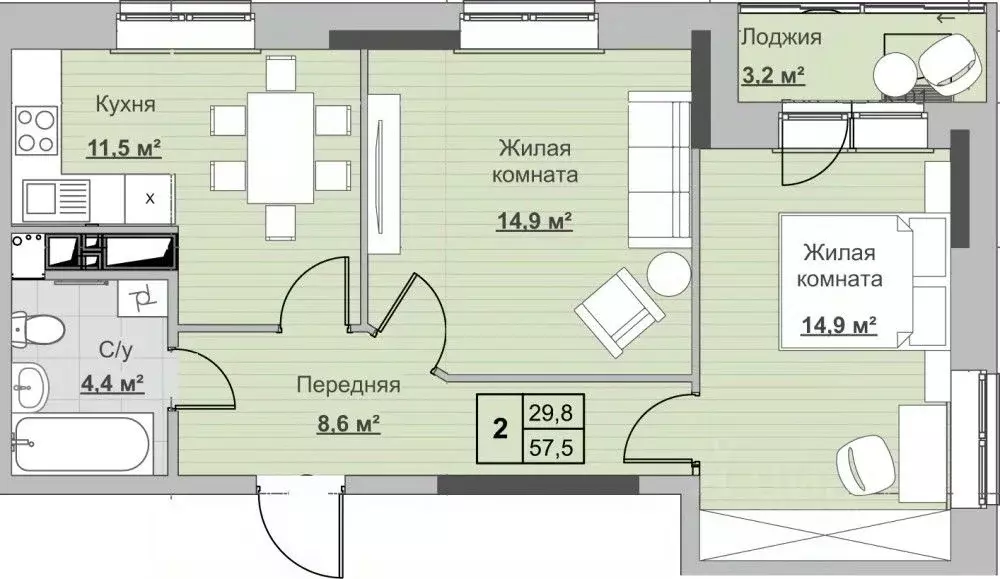 2-к кв. Удмуртия, Ижевск ул. Ухтомского (57.4 м) - Фото 0