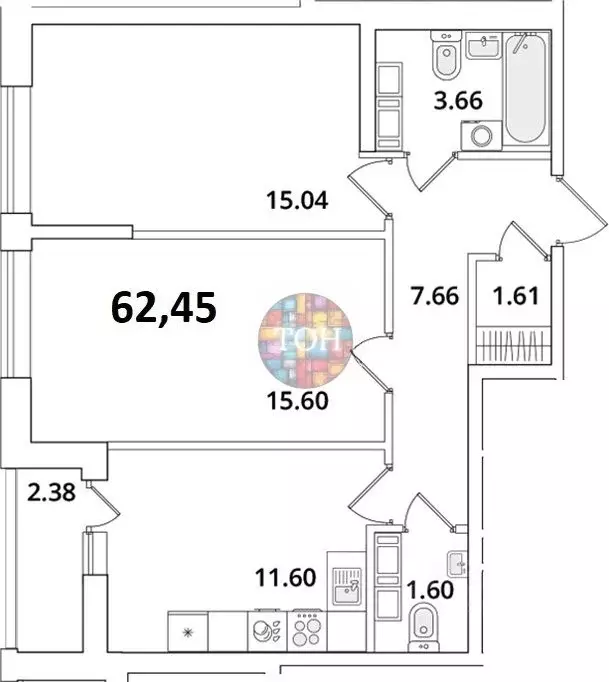 2-к кв. Санкт-Петербург Кубинская ул., 82к3с1 (62.45 м) - Фото 1