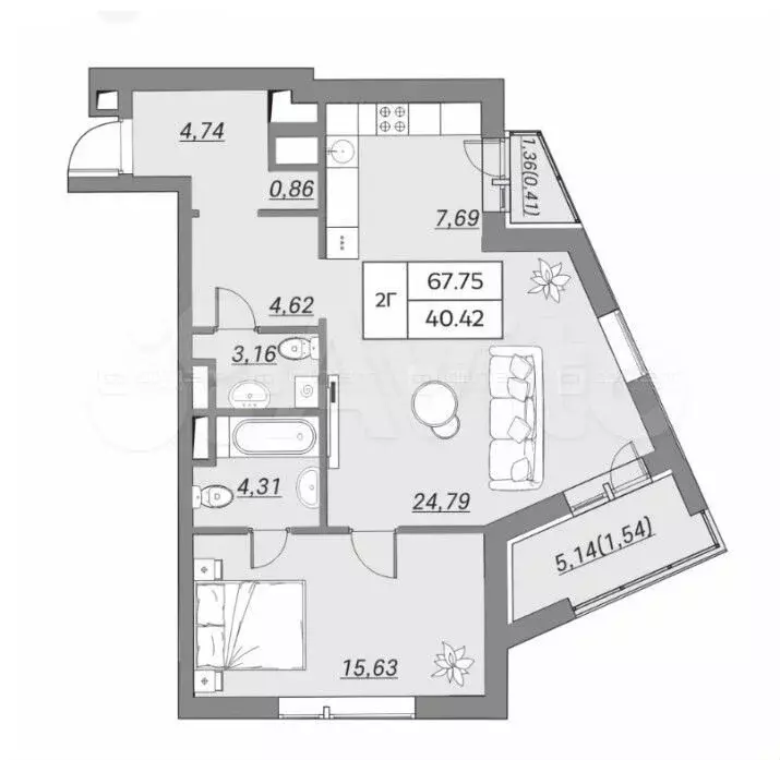 2-к. квартира, 67,8 м, 3/9 эт. - Фото 0