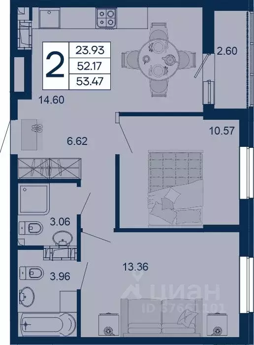 2-к кв. Краснодарский край, Краснодар  (53.47 м) - Фото 1