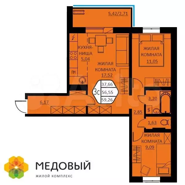 3-к. квартира, 59,3 м, 1/8 эт. - Фото 0