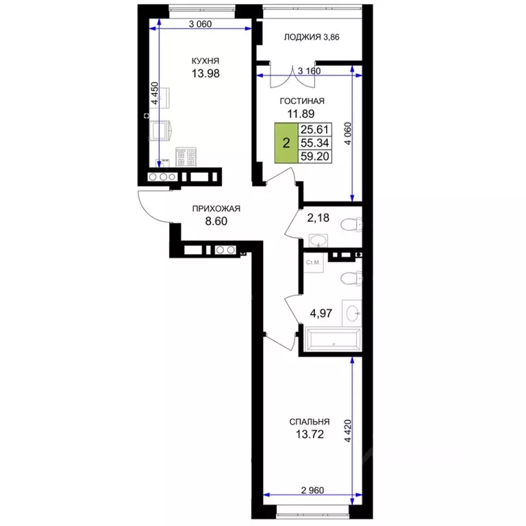 2-к кв. Калининградская область, Гурьевск Включи жилой комплекс (59.2 ... - Фото 1