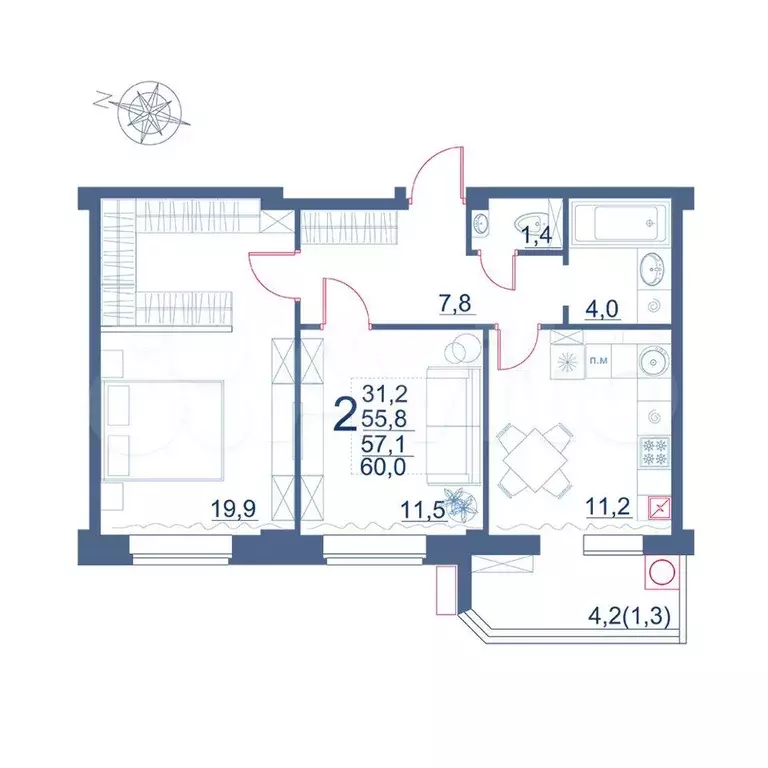 2-к. квартира, 60 м, 9/9 эт. - Фото 0