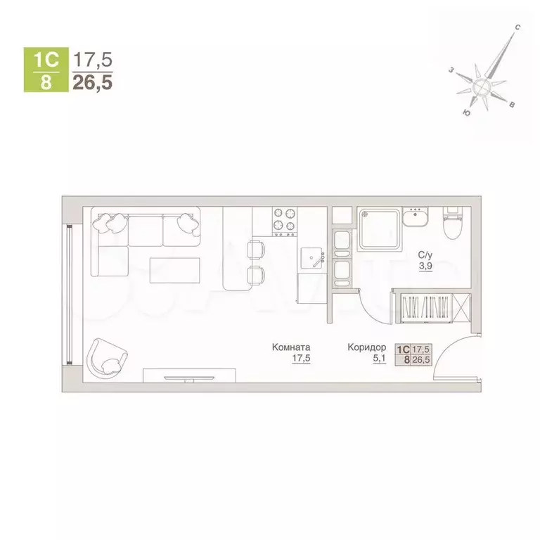 Апартаменты-студия, 26,5 м, 9/13 эт. - Фото 0