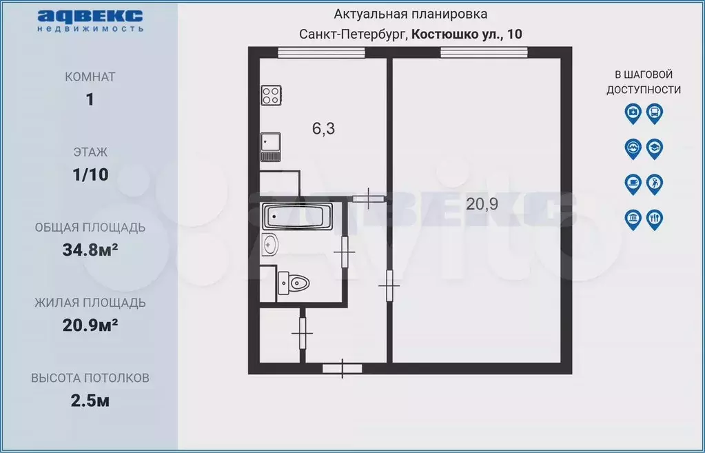 1-к. квартира, 34,8 м, 1/10 эт. - Фото 0