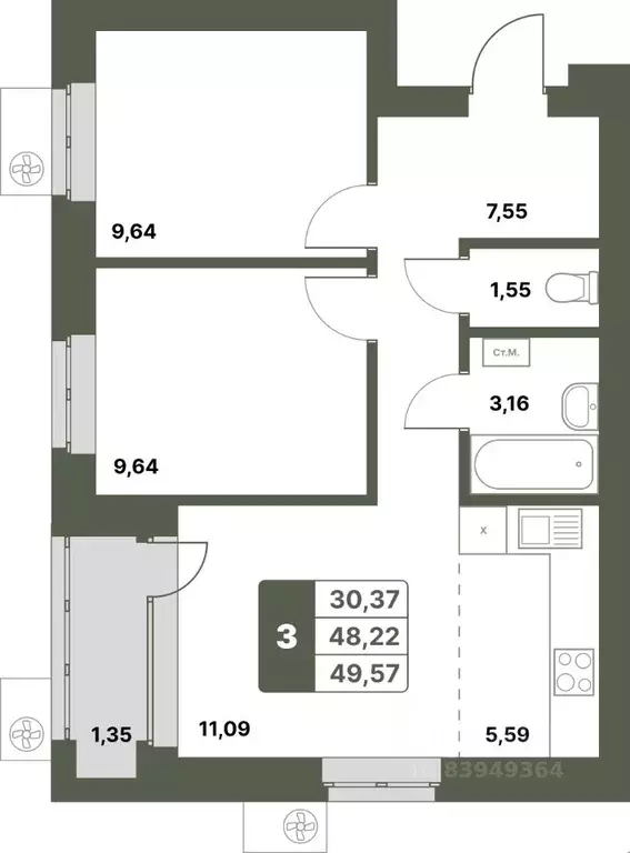 3-к кв. Башкортостан, Уфимский район, с. Миловка  (49.57 м) - Фото 1