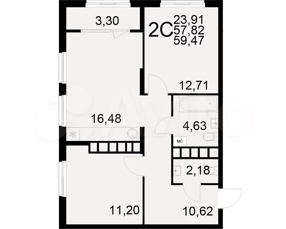 2-к. квартира, 59,5 м, 15/21 эт. - Фото 0