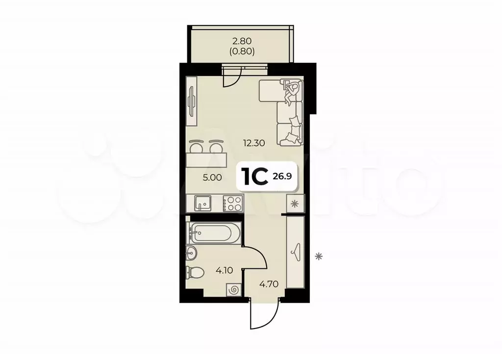 Квартира-студия, 26,9 м, 5/8 эт. - Фото 0