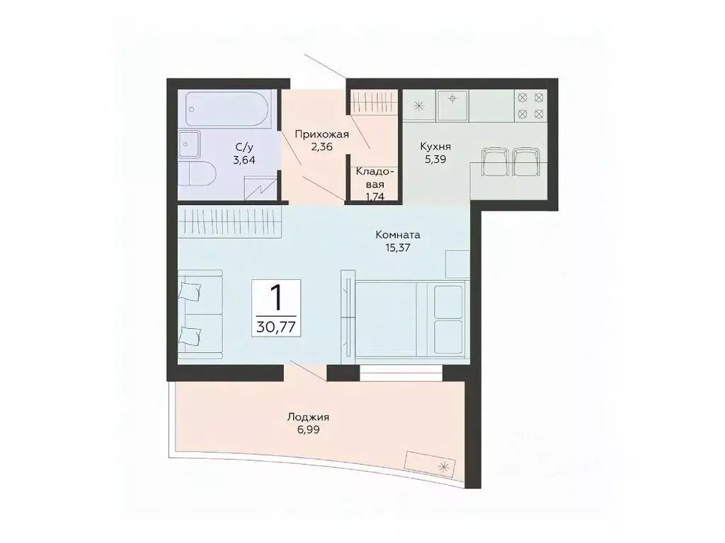 Студия Воронежская область, Воронеж ул. Туполева, 5Н (30.77 м) - Фото 0