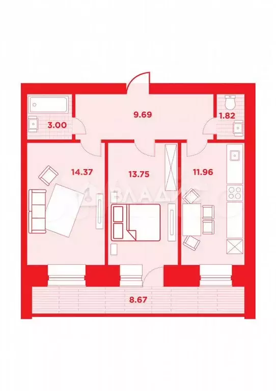 2-к. квартира, 59,5 м, 9/14 эт. - Фото 0