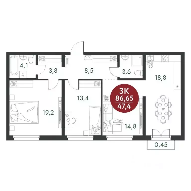 3-к кв. Новосибирская область, Новосибирск ул. 2-я Марата (86.65 м) - Фото 0