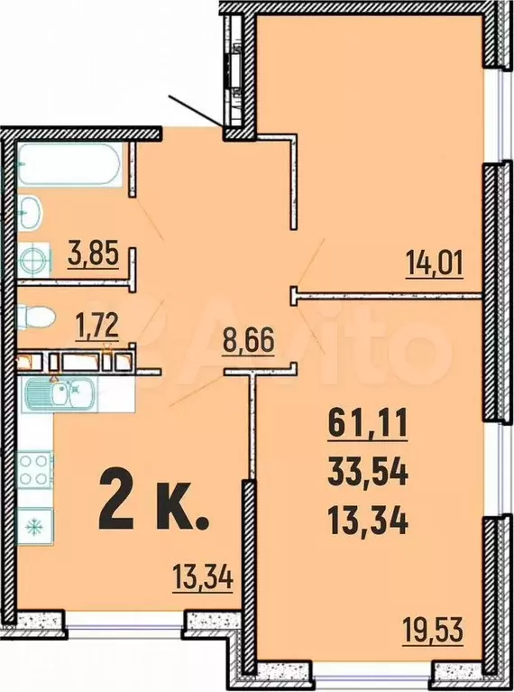 2-к. квартира, 61,1 м, 1/12 эт. - Фото 0