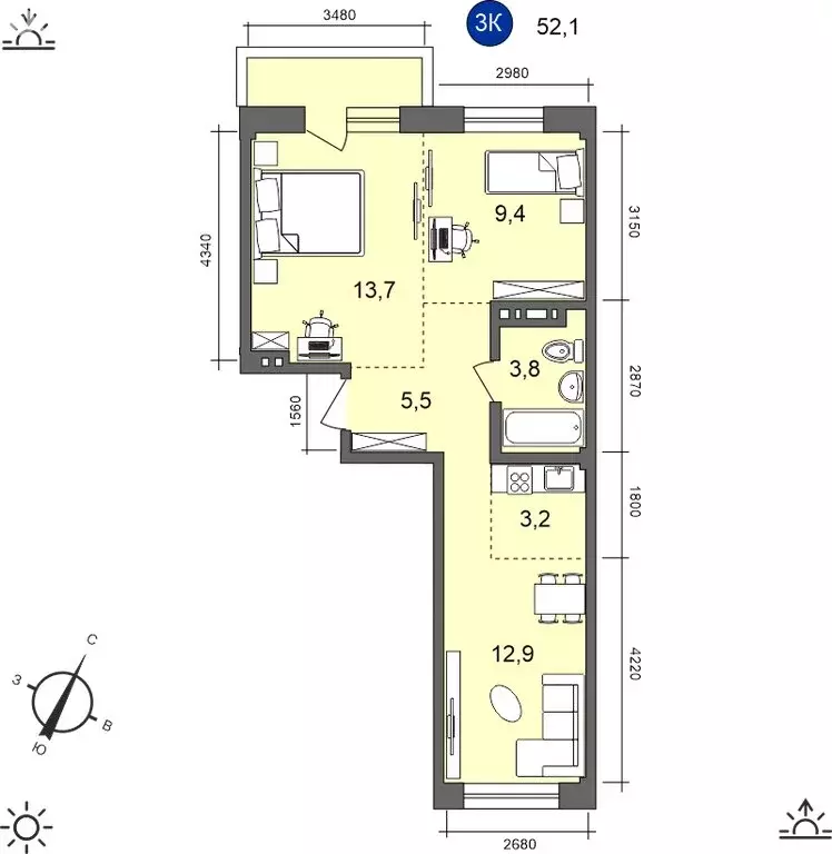 3-комнатная квартира: Иркутск, Старо-Кузьмихинская улица, 36/1 (52.1 ... - Фото 0