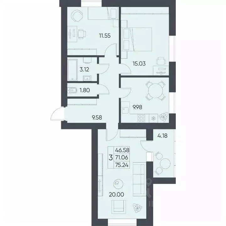 3-к кв. Саратовская область, Татищево рп  (75.24 м) - Фото 0