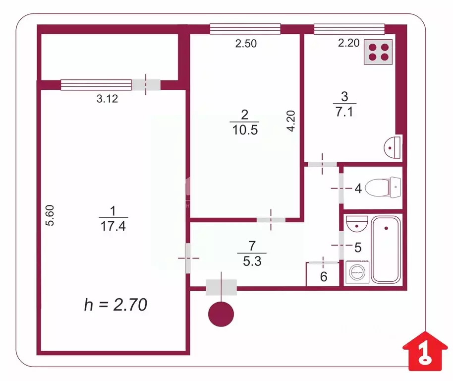 2-к кв. Омская область, Омск ул. Лермонтова, 128 (44.2 м) - Фото 1