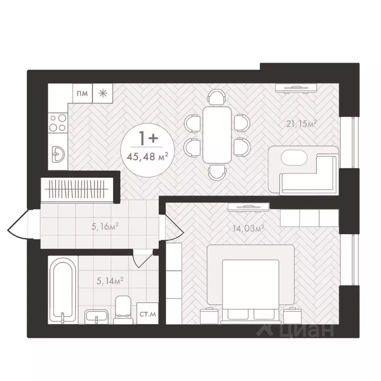 1-к кв. Башкортостан, Уфа Южный-2 мкр,  (45.48 м) - Фото 1