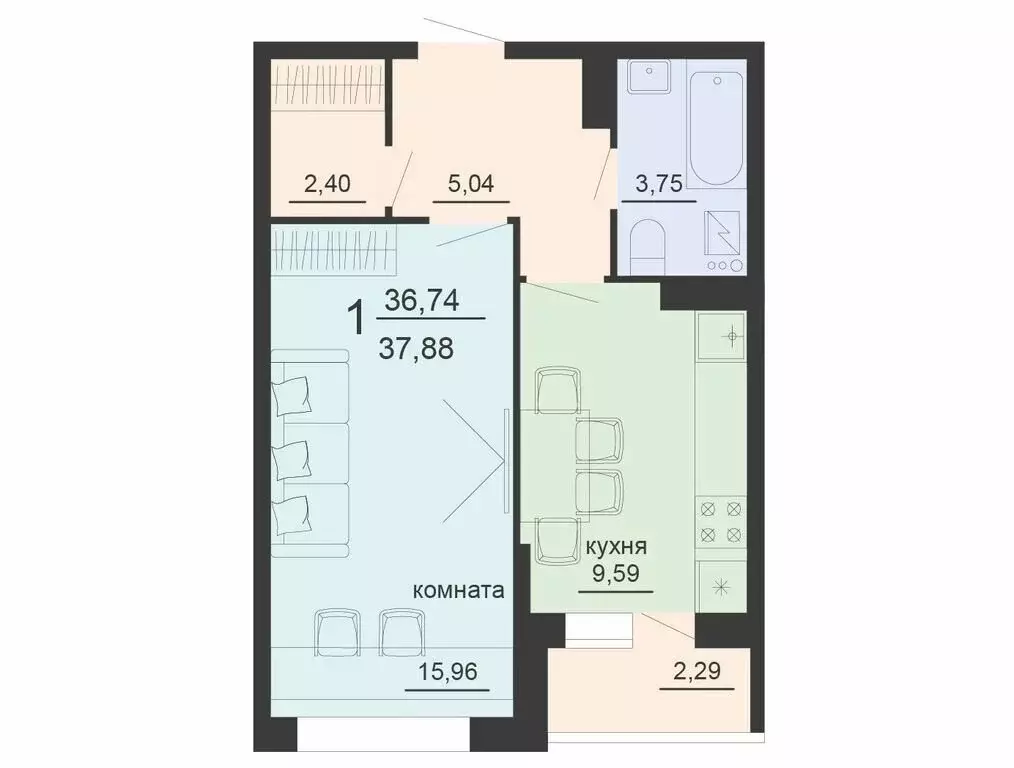 1-комнатная квартира: Воронеж, улица Богдана Хмельницкого, 45А (37.88 ... - Фото 0