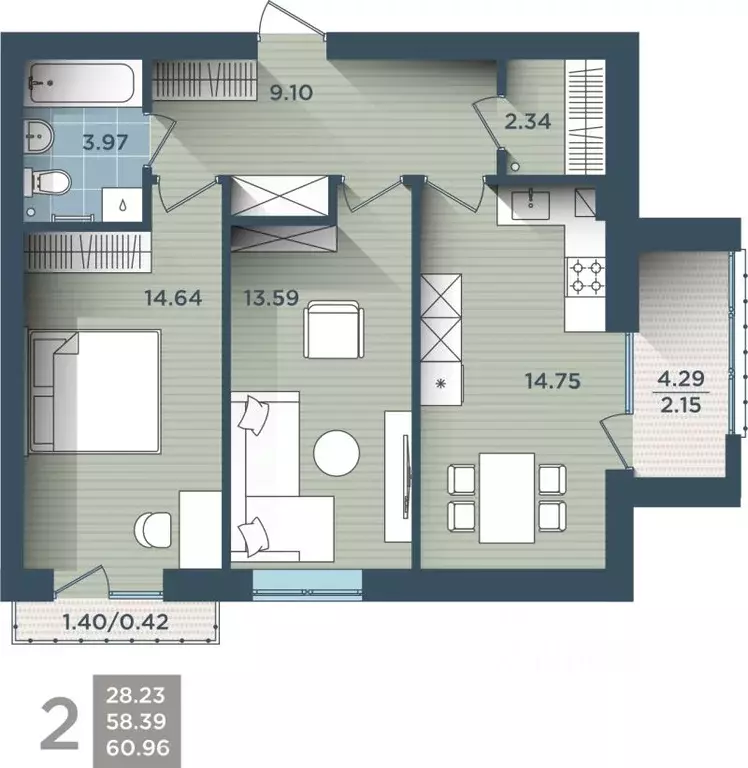 2-к кв. Калининградская область, Калининград ул. Сержанта Мишина, 81к3 ... - Фото 0