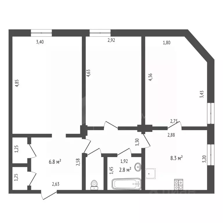 3-к кв. Тюменская область, Тюмень ул. Республики, 45 (65.2 м) - Фото 1