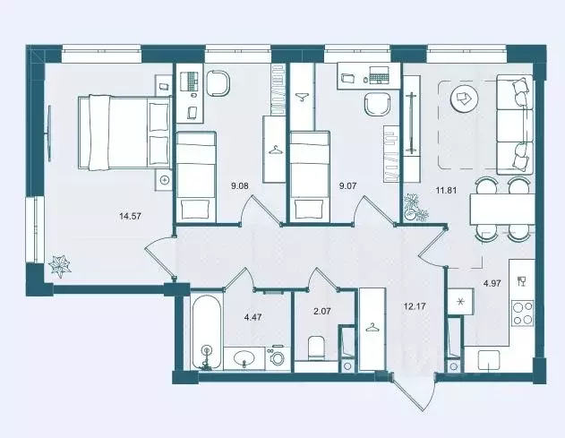 3-к кв. Брянская область, Брянск О Берег жилой комплекс (68.21 м) - Фото 1