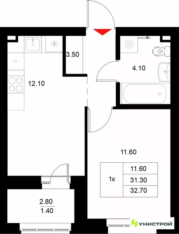 1-комнатная квартира: Казань, Приволжский район (32.7 м) - Фото 1