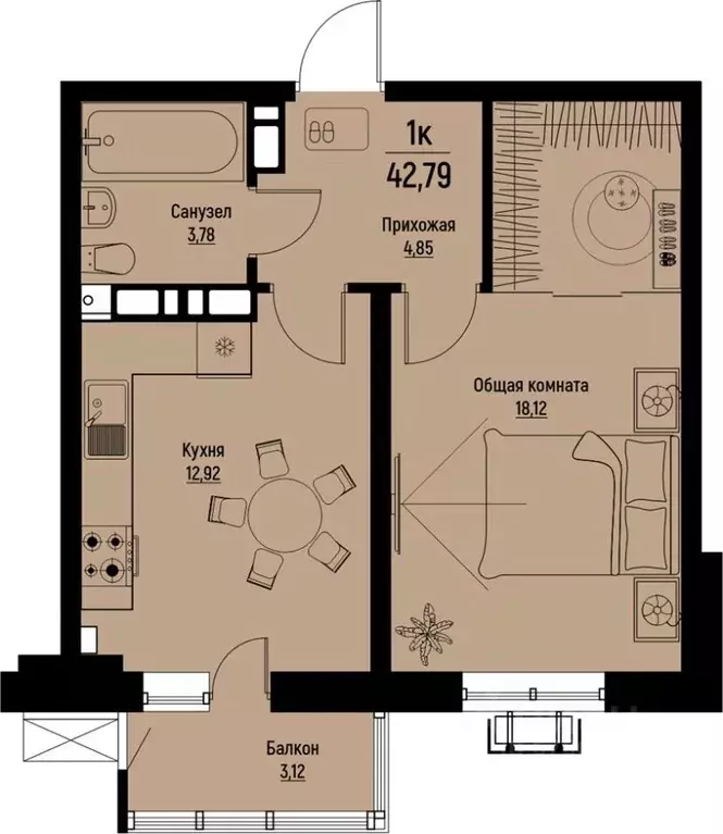 1-к кв. Ставропольский край, Пятигорск Скачки мкр,  (42.79 м) - Фото 1