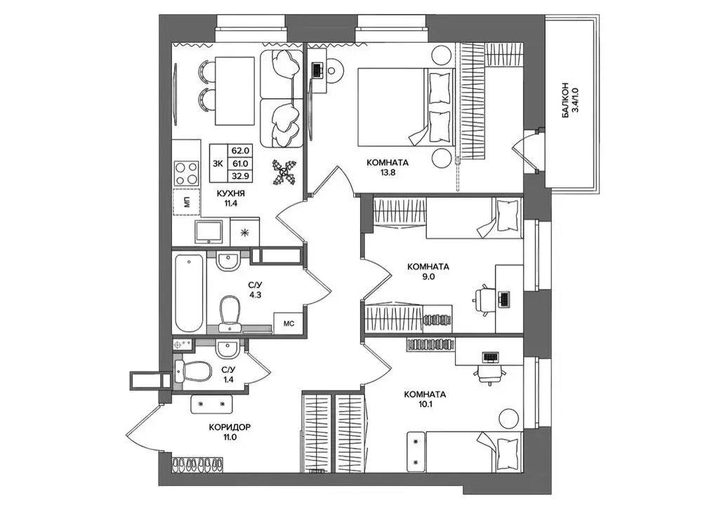 3-комнатная квартира: Кондратово, Водопроводная улица, 4А (62 м) - Фото 1