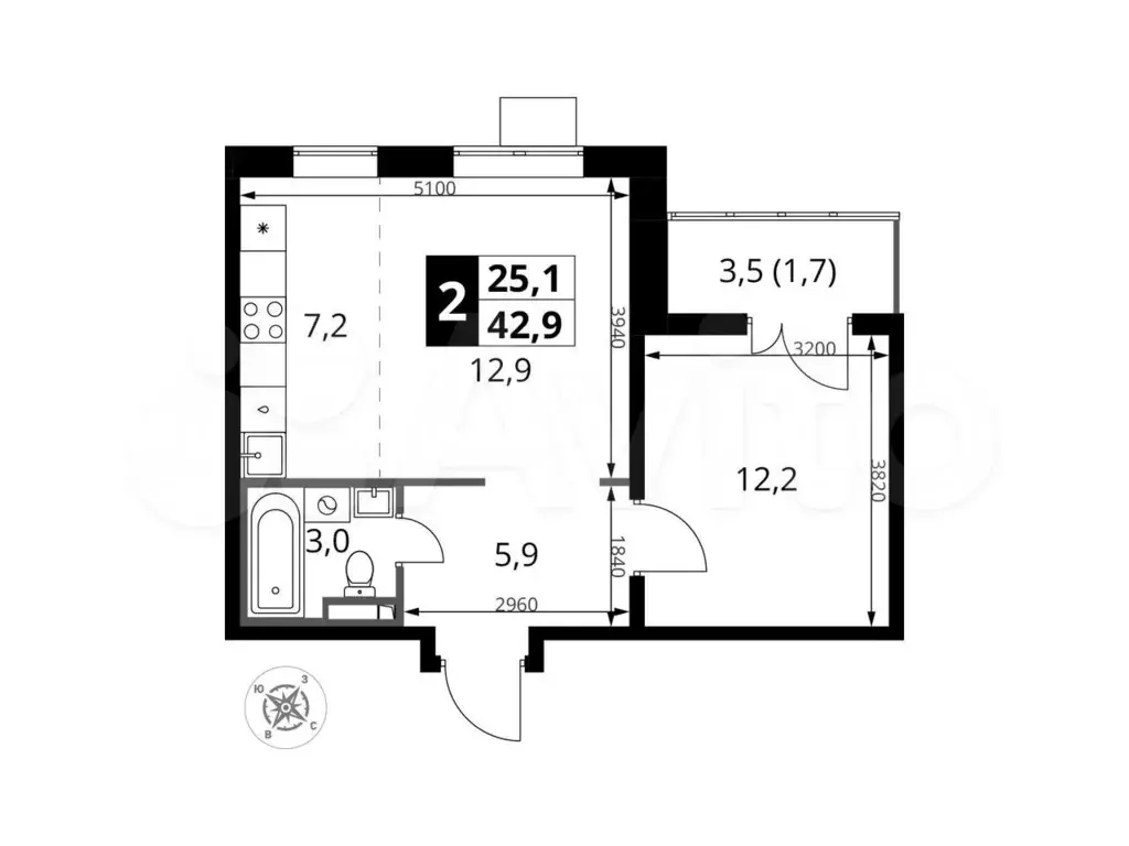 2-к. квартира, 42,9 м, 9/24 эт. - Фото 0