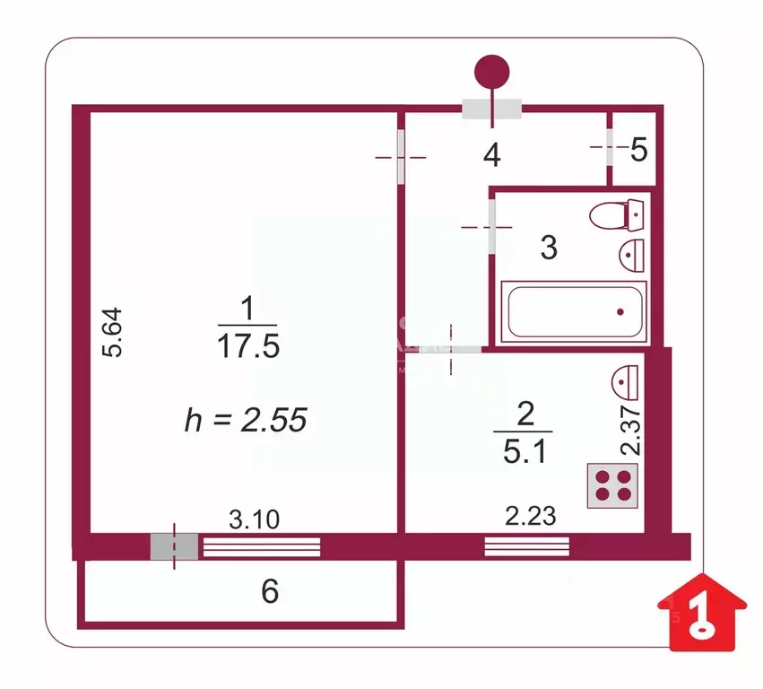 1-к кв. Омская область, Омск Бульварная ул., 11 (30.3 м) - Фото 2