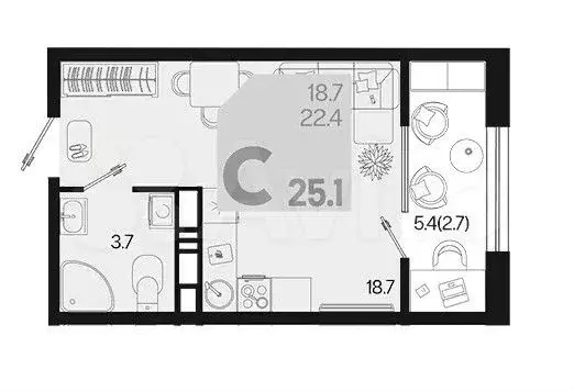 Квартира-студия, 25,1 м, 15/18 эт. - Фото 0