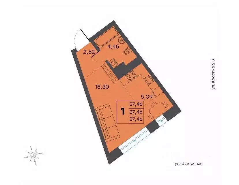 Студия Тверская область, Тверь Соминка мкр,  (27.46 м) - Фото 1