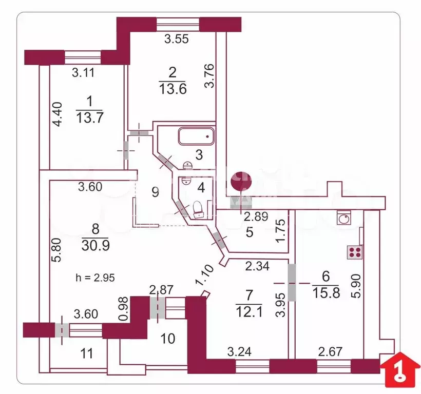 4-к. квартира, 102,1 м, 6/9 эт. - Фото 0