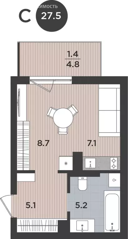 Квартира-студия: Калининград, Тихорецкая улица, 16Ак3 (27.5 м) - Фото 1
