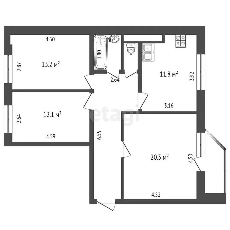 3-комнатная квартира: Тюмень, улица Николая Ростовцева, 18 (72.4 м) - Фото 1