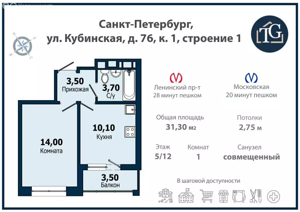 1-комнатная квартира: Санкт-Петербург, Кубинская улица, 76к1 (31.3 м) - Фото 1