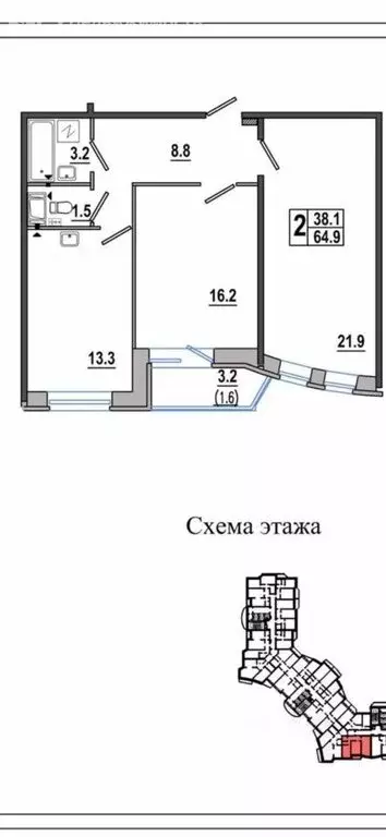 2-комнатная квартира: Санкт-Петербург, улица Бутлерова, 11к4 (64.2 м) - Фото 1
