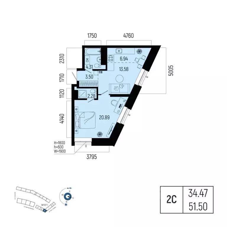 2-к кв. Башкортостан, Уфа Глумилино-1 мкр, Новатор жилой комплекс ... - Фото 1
