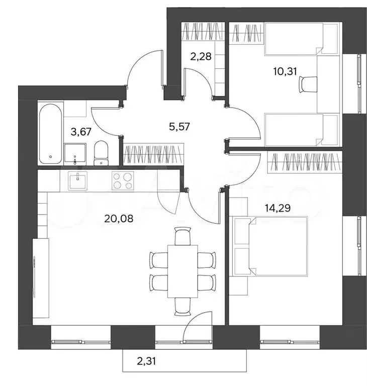 3-к. квартира, 56,9 м, 2/5 эт. - Фото 1