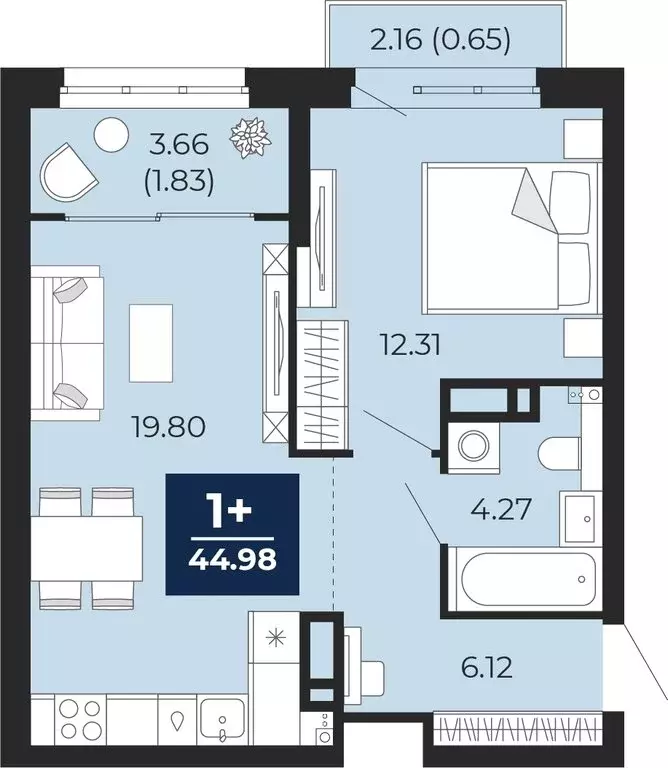 1-комнатная квартира: Тюмень, Ленинский округ, ЖК Беринг (44.98 м) - Фото 1