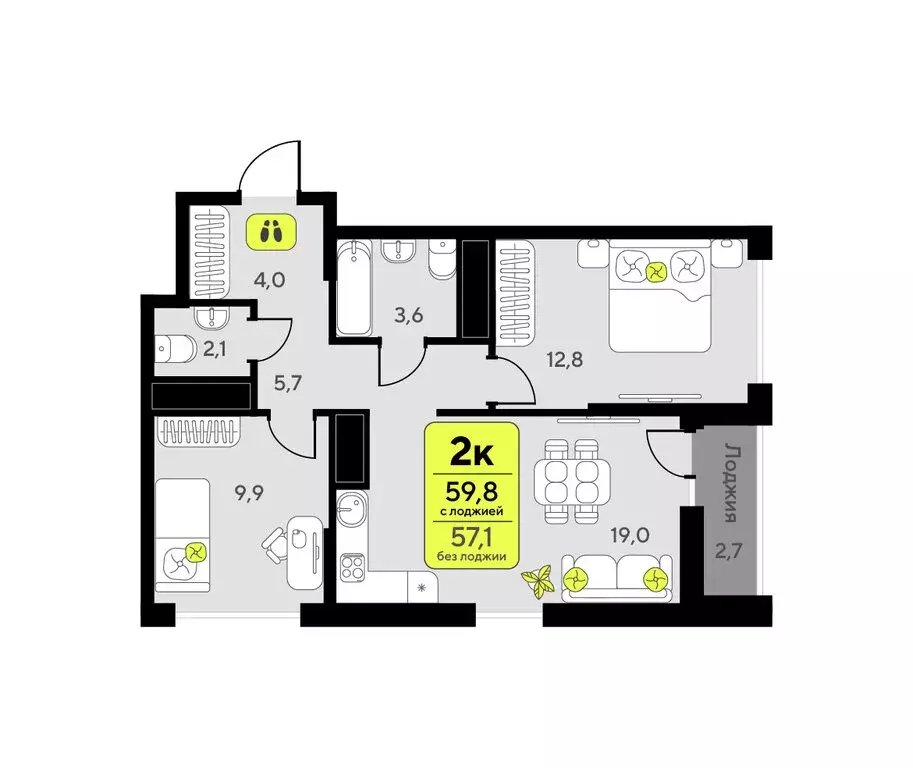 2-комнатная квартира: Тюмень, улица Андрея Приказнова, 7 (59.8 м) - Фото 1