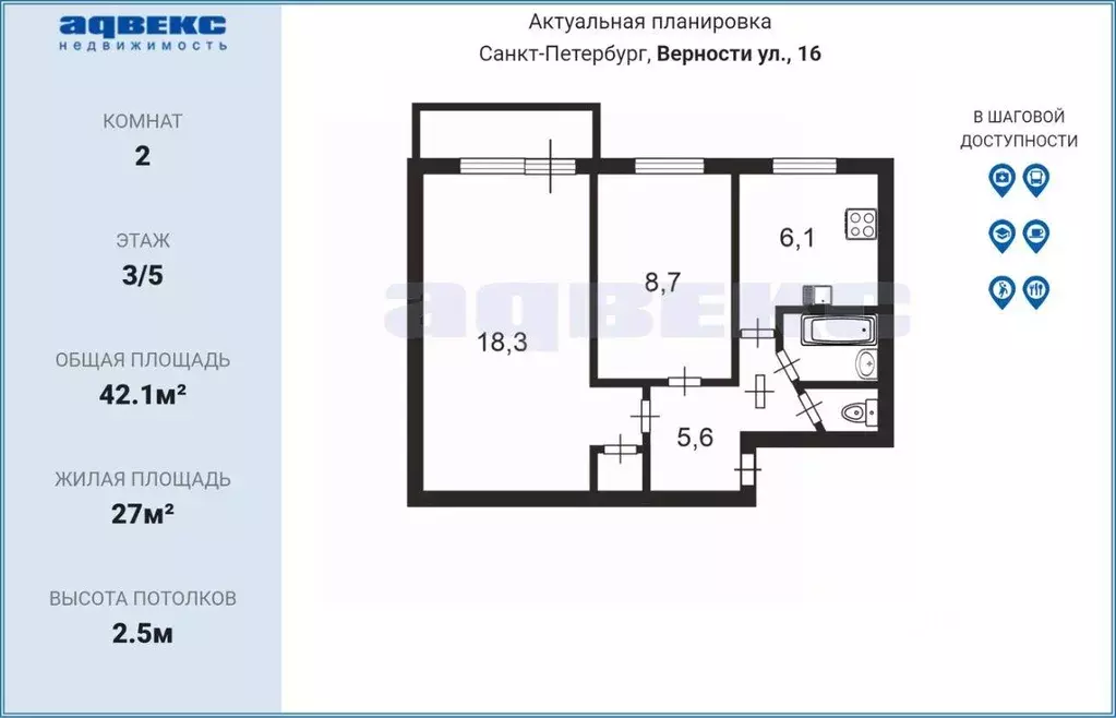 Квартира, 2 комнаты, 42.1 м - Фото 2
